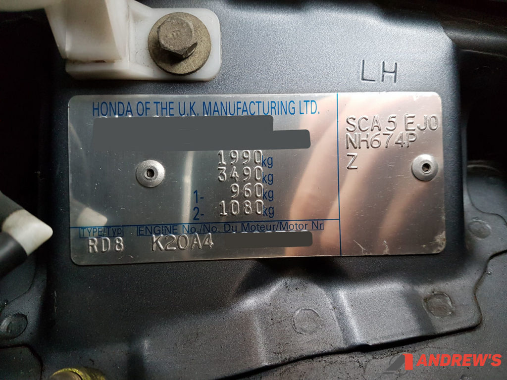 Honda VIN plate towing weights Andrew's Japanese Cars