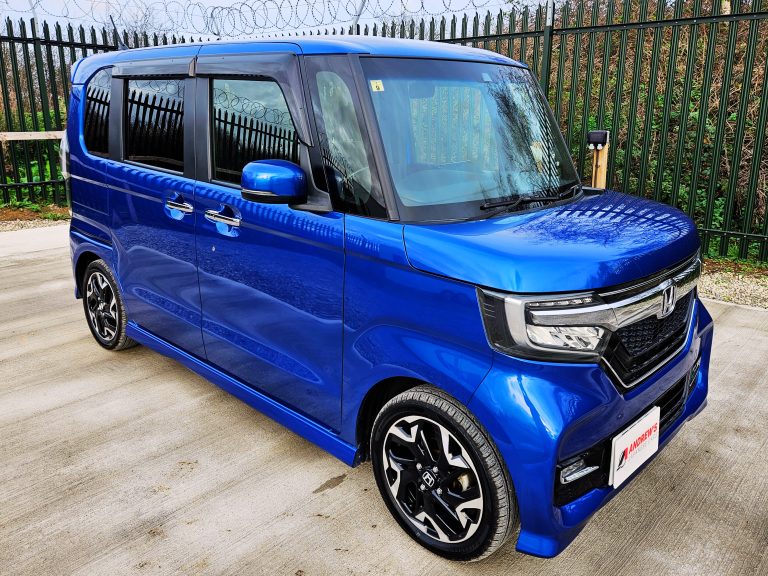 Front right quarter view of a 2018 Honda N Box Custom G L Turbo Honda Sensing Japanese import kei car